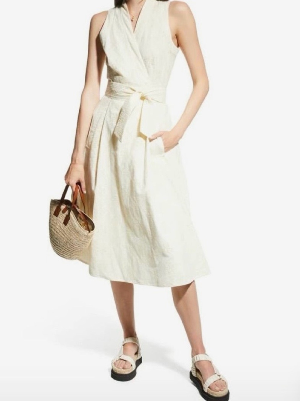 Tory Burch Sleeveless Cream Eyelet Wrap Dress with Waist Tie - Picture 2 of 8
